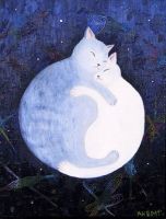 2006年6月の優秀作品大島 暁美さん油彩画　平成16年6月入会Congratulations !『二匹の猫の表情や抱き合っているパーズがとても可愛らしく描けています。作者の猫に対する愛情が感じられる作品です。背景には、針などを使って宇宙のようなイメージを表すなど技法的な工夫があります。存在していくことの孤独感や小さな生命へのいとおしさなどを大きな視点でとらえた作品です。』(講評：朝森）